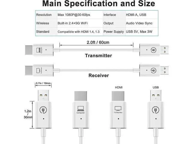 Alt view image 4 of 7 - HDMI Transmitter and Receiver, Wireless HDMI Extender Kit for Laptop and PC, Plug & Play, Wireless HDMI Dongle Adapter for Streaming Video/Audio from Laptop/PC to HDTV Projector