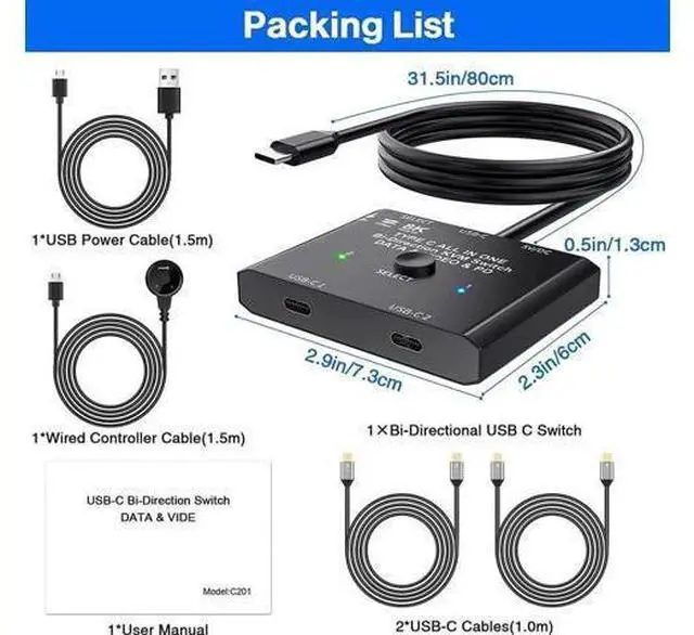 Main image of USB-C Switch,Bi-Directional USB C Switcher 2 in 1 Out/1 in 2 Out Type C KVM Switch Supports 8K @60Hz,4K @120Hz Video / 10Gbps Data Transfer/ 100w Power Delivery Compatible with Thunderbolt Device