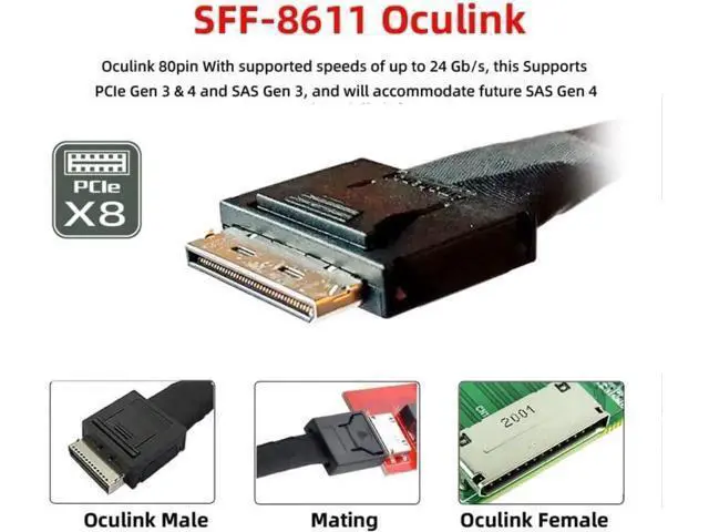 Alt view image 4 of 6 - Aomoproing SFF-8611 to SFF-8654 Cable,OCuLink PCIe PCI-Express SFF-8611 8X 8-Lane to 2 SFF-8654 Slimline 4X SSD Data Active Cable 50cm