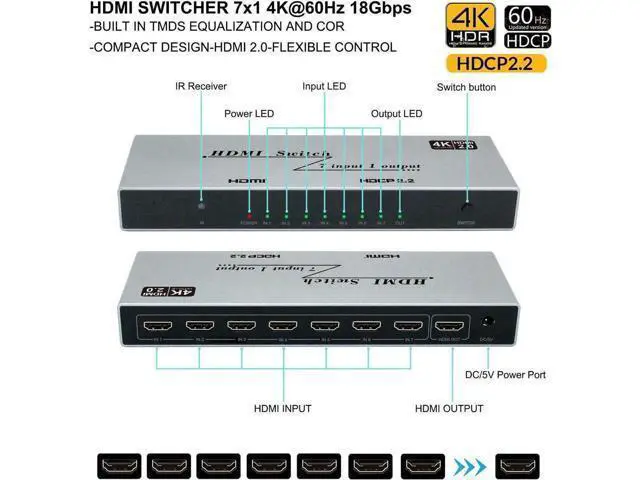 Alt view image 2 of 7 - 7x1 HDMI Switch 4K - HDMI Switch 7 in 1 Out, HDMI Switch with Remote Controller, HDMI 2.0 Support 4K @60Hz TV 3D Audio Video Sync Plug&Play for PS3/4/5 Xbox PC Laptop Projector Blu-ray Player