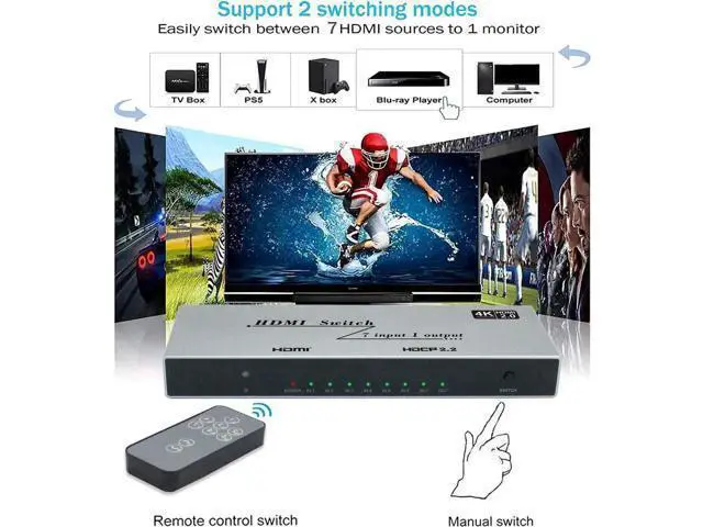 Alt view image 6 of 7 - 7x1 HDMI Switch 4K - HDMI Switch 7 in 1 Out, HDMI Switch with Remote Controller, HDMI 2.0 Support 4K @60Hz TV 3D Audio Video Sync Plug&Play for PS3/4/5 Xbox PC Laptop Projector Blu-ray Player