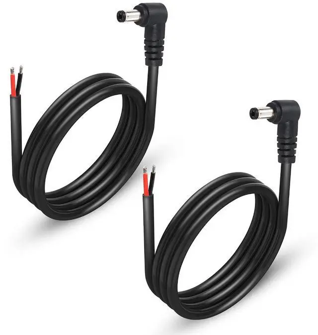 Main image of 2 Pack 90 Degree DC Power Pigtails Cable, Right Angle DC 5.5mm x 2.5mm Male Plug to Bare Wire Open End Power Supply Replacement Repair Cord, for Monitors, LED Strip Light, Camera,3FT 1m