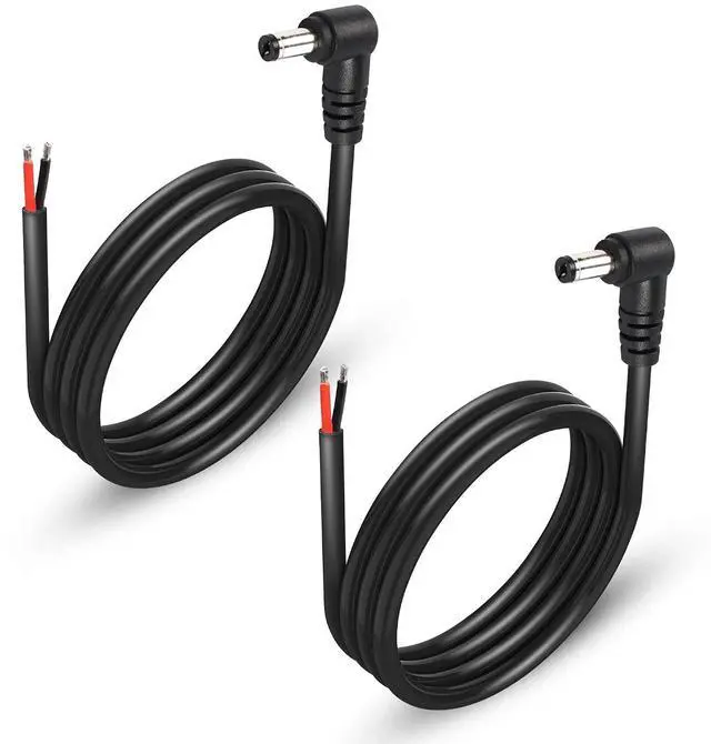 Main image of 2 Pack 90 Degree DC Power Pigtails Cable, Right Angle DC 5.5mm x 2.1mm Male Plug to Bare Wire Open End Power Supply Replacement Repair Cord, for Monitors, LED Strip Light, Camera,3FT 1m