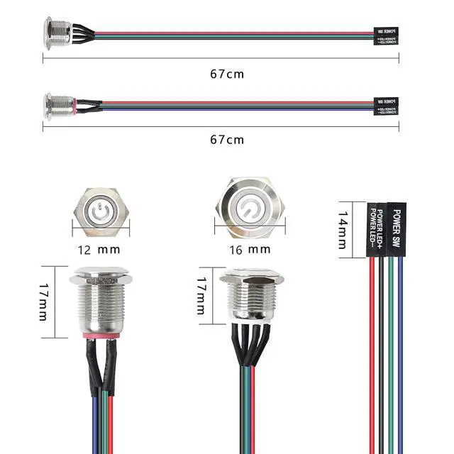 Alt view image 6 of 6 - Chassis Switch - Metal Button, PC Case LED Power Button ATX Supply On/Off for DIY Computer - 60cm, 12mm