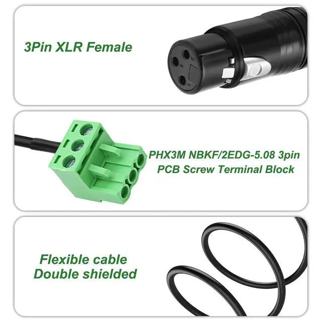 Alt view image 3 of 7 - XLR to 3-pin Phoenix Cable XLR 3P Female to PHX3M NBKF/2EDG-5.08 3pin PCB Screw Terminal Block Adapter Connector Cord for Speakers -0.4M/1.3FT