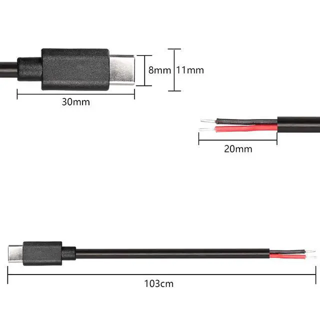 Alt view image 2 of 7 - USB Type-C Pigtail Cable Extension Power Cable 22AWG 5V 3A USB-C Plug to 2 Pin Bare Wire Open End Connector for DIY - 1M/3.2FT 5PCS (Type C Male)
