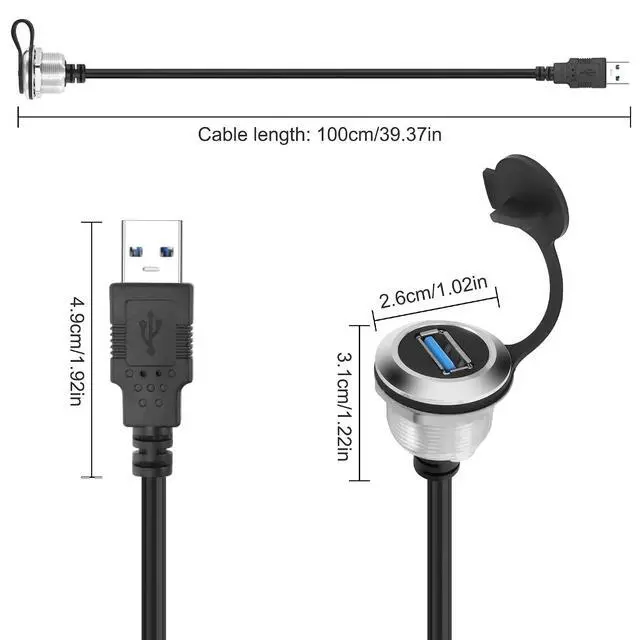 Alt view image 2 of 7 - USB 3.0 Panel Flush Mount Cable 5Gbps USB Type-A Male to USB Type-A Female Threaded Fixed Panel Mount Extension Cable USB A Port Charging Socket Connector for Data Transfer - 1M/3.2FT (Round)