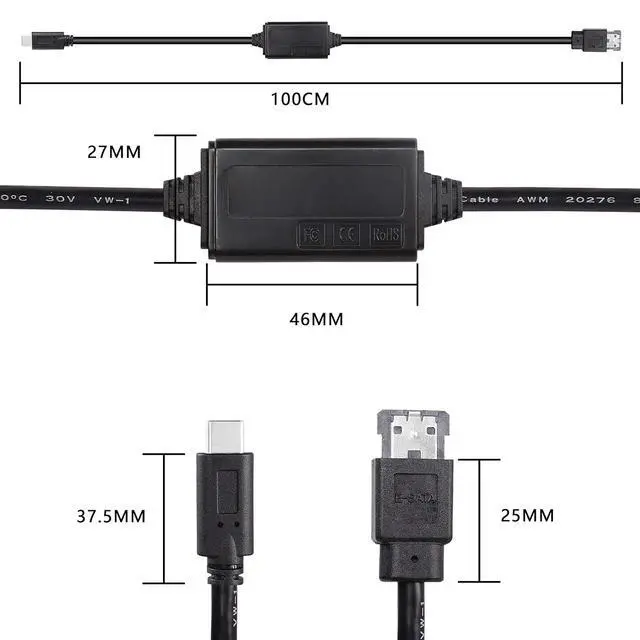 Alt view image 2 of 7 - USB-C Type-C to eSATA Adapter Cable 5Gbps USB C to Power eSATA Converter Cable 5V for HDD/SSD/ODD Laptop PC - 3 ft/1M