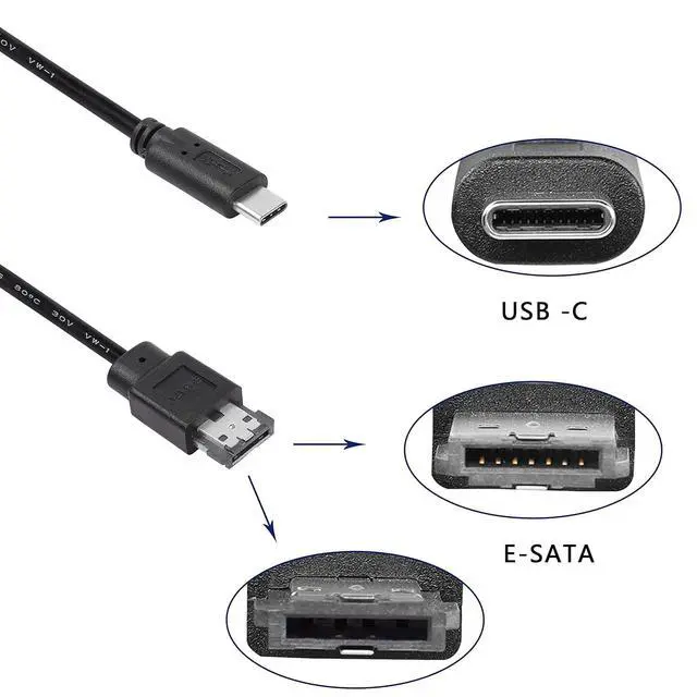Alt view image 3 of 7 - USB-C Type-C to eSATA Adapter Cable 5Gbps USB C to Power eSATA Converter Cable 5V for HDD/SSD/ODD Laptop PC - 3 ft/1M