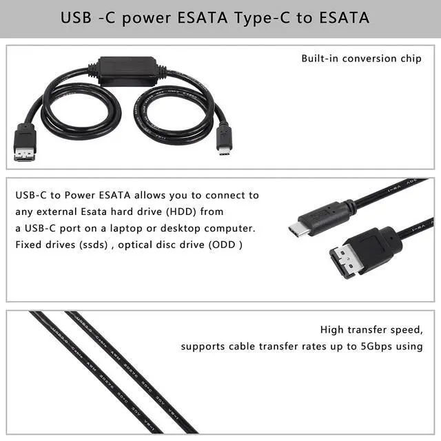 Alt view image 6 of 7 - USB-C Type-C to eSATA Adapter Cable 5Gbps USB C to Power eSATA Converter Cable 5V for HDD/SSD/ODD Laptop PC - 3 ft/1M