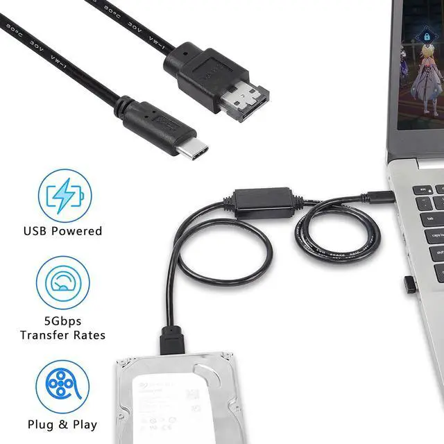 Alt view image 7 of 7 - USB-C Type-C to eSATA Adapter Cable 5Gbps USB C to Power eSATA Converter Cable 5V for HDD/SSD/ODD Laptop PC - 3 ft/1M