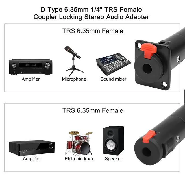 Alt view image 7 of 7 - D-Type 6.35mm 1/4" TRS Panel Mount Female to Female Coupler Locking Stereo Audio Adapter Connector Socket for Speaker Headphone Cable Extension - 1PCS (Black)