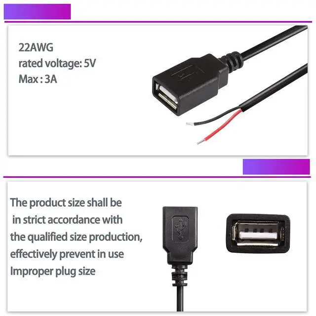 Alt view image 3 of 7 - USB 2.0 Female Pigtail Cable Extension Power Cable 22AWG 5V 3A USB A Socket to 2 Pin Bare Wire Open End Connector for DIY-2 Pcs (1M)