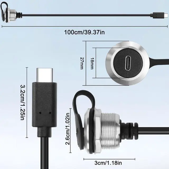 Alt view image 2 of 7 - USB C 3.0 Panel Mount Extension Cable Type-C Female Socket to Male Connector Cord with Dust Cover for Data Transfer and Charging - 1M/3.2FT