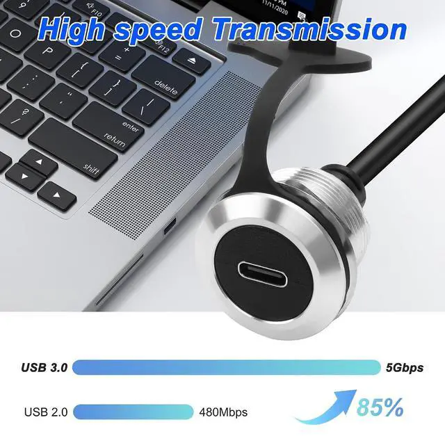 Alt view image 6 of 7 - USB C 3.0 Panel Mount Extension Cable Type-C Female Socket to Male Connector Cord with Dust Cover for Data Transfer and Charging - 1M/3.2FT