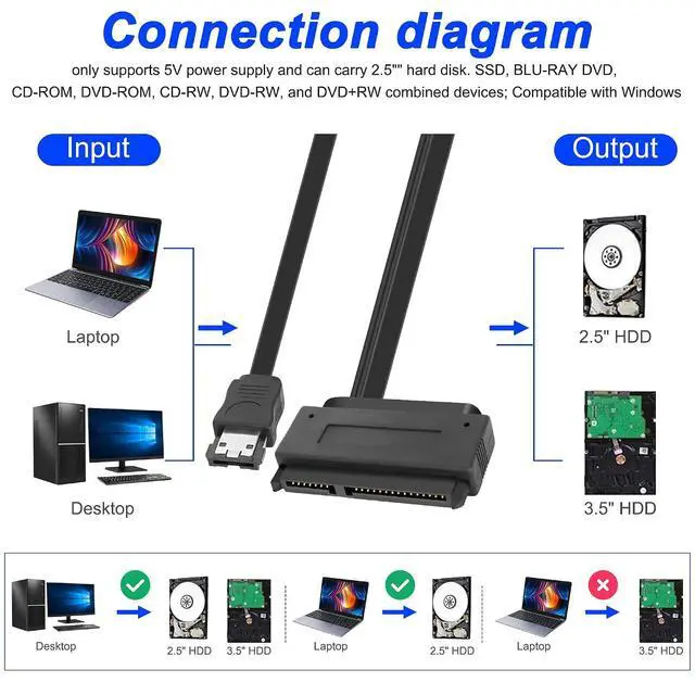 Alt view image 7 of 7 - SATA 22Pin to e-SATA Hard Disk Drive Data Transfer Adapter Cable with USB Powered Cable for 2.5" SATA HDD SSD BLU-RAY DVD CD-ROM DVD+RW Devices - 45CM/17.7INCH