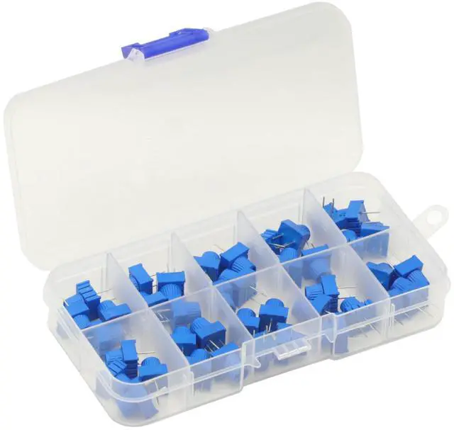 Main image of 40Pcs 1K 2K 5K 10K 20K 50K 100K 500K Ohm 1M 500R 3386P Trim Potentiometer Kit with Blue Knobs Breadboard Compatible Variable Resistors