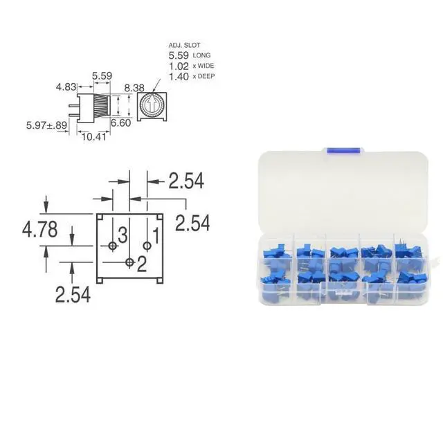 Alt view image 2 of 7 - 40Pcs 1K 2K 5K 10K 20K 50K 100K 500K Ohm 1M 500R 3386P Trim Potentiometer Kit with Blue Knobs Breadboard Compatible Variable Resistors