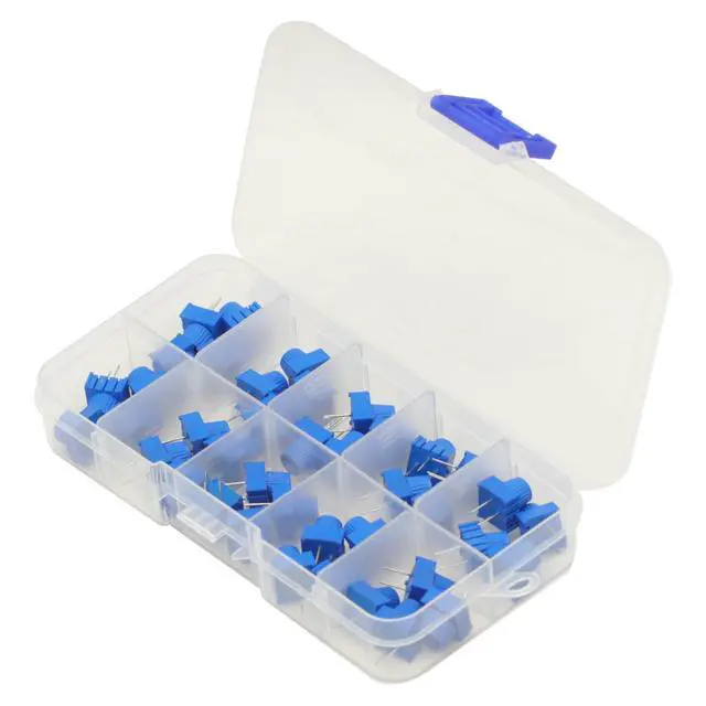 Alt view image 4 of 7 - 40Pcs 1K 2K 5K 10K 20K 50K 100K 500K Ohm 1M 500R 3386P Trim Potentiometer Kit with Blue Knobs Breadboard Compatible Variable Resistors