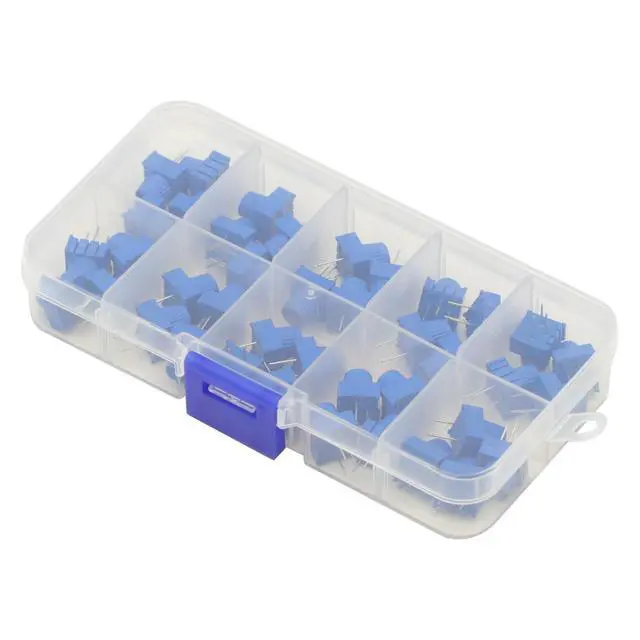 Alt view image 5 of 7 - 40Pcs 1K 2K 5K 10K 20K 50K 100K 500K Ohm 1M 500R 3386P Trim Potentiometer Kit with Blue Knobs Breadboard Compatible Variable Resistors