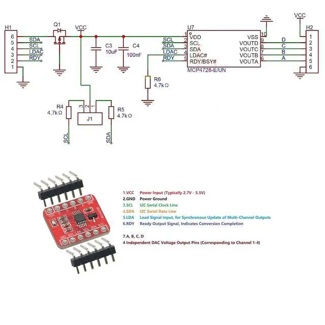Alt view image 2 of 6 - MCP4728 DAC Module, 12-Bit 4-Channel I2C Digital to Analog Converter Module, DAC Breakout Board, Raspberry Pi, ESP32, STM32 Projects