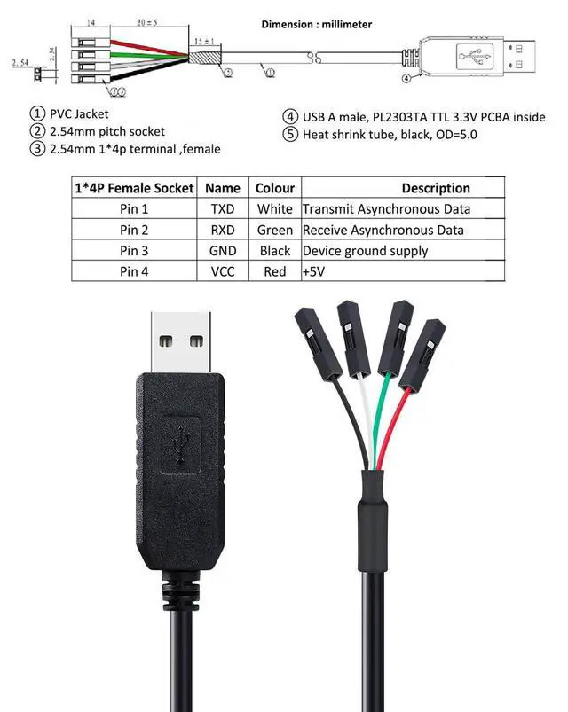 Alt view image 3 of 7 - DTECH USB to TTL Serial 3.3V Adapter Cable TX RX Signal 4 Pin 0.1 inch Pitch Female Socket PL2303 Prolific Chip Windows 10 8 7 XP Vista (6ft, Black)