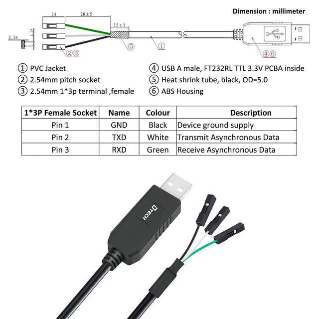 Alt view image 3 of 6 - DTECH 6ft USB to TTL Serial Cable 3.3V 3 Pin TX RX Signal UART Adapter Genuine FTDI FT232RL Chip Debug Cord Compatible with Windows 11 10 8 7 Linux MAC OS 3Pin 3v3 2.54mm Dupont Female Header