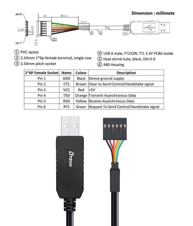 Alt view image 3 of 6 - DTECH 3ft USB to TTL Serial Cable 5V 6 Pin Genuine FTDI FT232RL Chip UART Adapter Debug Cord Compatible with Windows 11 10 8 7 Linux MAC OS 6Pin 5 V Level Signal 2.54mm Dupont Female Header