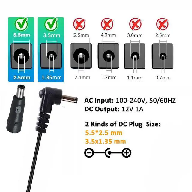 Alt view image 2 of 6 - DCHAV 12V 1A Power Supply AC to DC Adapter Power Cord 5.5mmx2.5mm and 3.5mmx1.35mm Tip 100-240V 50-60Hz Wall Plug 4ft Output 12 Volt 1 Amp for CCTV Camera LED Light Speaker (Not 5.5mmx2.1mm Tip)