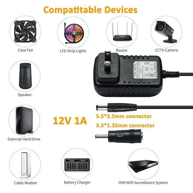 Alt view image 3 of 6 - DCHAV 12V 1A Power Supply AC to DC Adapter Power Cord 5.5mmx2.5mm and 3.5mmx1.35mm Tip 100-240V 50-60Hz Wall Plug 4ft Output 12 Volt 1 Amp for CCTV Camera LED Light Speaker (Not 5.5mmx2.1mm Tip)