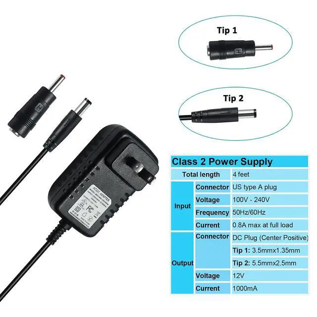 Alt view image 5 of 6 - DCHAV 12V 1A Power Supply AC to DC Adapter Power Cord 5.5mmx2.5mm and 3.5mmx1.35mm Tip 100-240V 50-60Hz Wall Plug 4ft Output 12 Volt 1 Amp for CCTV Camera LED Light Speaker (Not 5.5mmx2.1mm Tip)