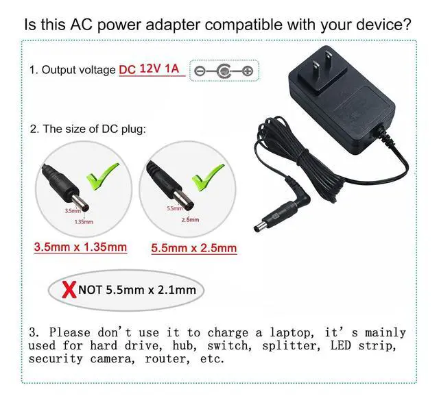 Alt view image 6 of 6 - DCHAV 12V 1A Power Supply AC to DC Adapter Power Cord 5.5mmx2.5mm and 3.5mmx1.35mm Tip 100-240V 50-60Hz Wall Plug 4ft Output 12 Volt 1 Amp for CCTV Camera LED Light Speaker (Not 5.5mmx2.1mm Tip)