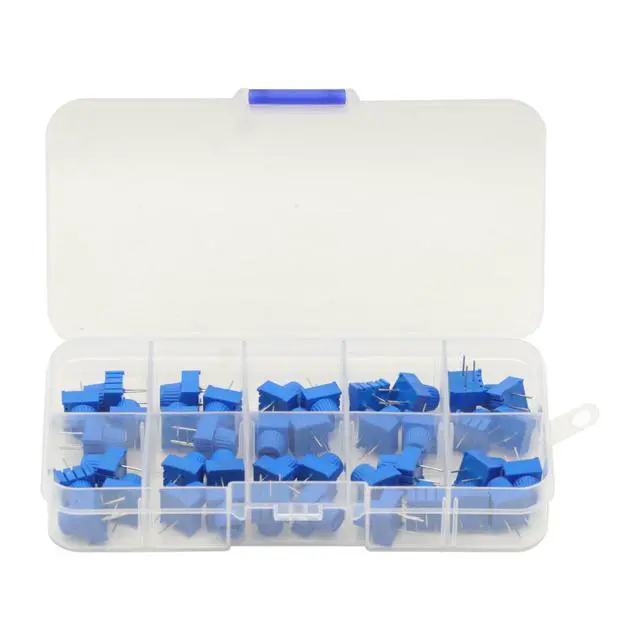 Alt view image 3 of 7 - 40Pcs 1K 2K 5K 10K 20K 50K 100K 500K Ohm 1M 500R 3386P Trim Potentiometer Kit with Blue Knobs Breadboard Compatible Variable Resistors