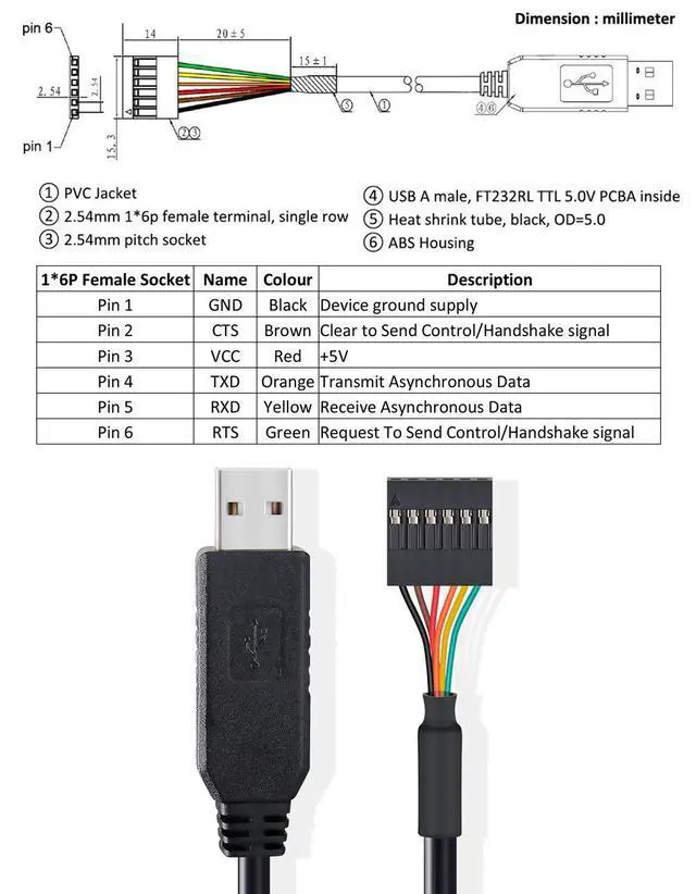Alt view image 3 of 7 - DTECH USB to TTL Serial 5V Adapter Cable with FTDI FT232RL Chip 6 Pin 0.1 inch Pitch Female Socket Header UART IC Windows 11 10 8 7 Linux MAC OS (6ft, Black)