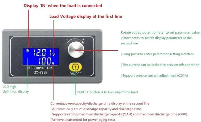 Alt view image 2 of 6 - Electronic Load Tester 5A 35W Battery Capacity Resistor Tester Voltmeter Ammeter Adjustable Constant Current Electronic Load
