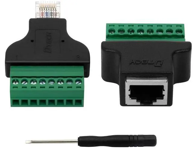 Main image of DTECH 2-Pack RJ45 Breakout Board Solderless RJ 45 Male RJ45 Female Connector to 8 Pin Screw Terminal Adapter 8p8c 568B Network Block for CCTV Camera DVR Cable Extension Ethernet Cat5e 6e 7 Extender
