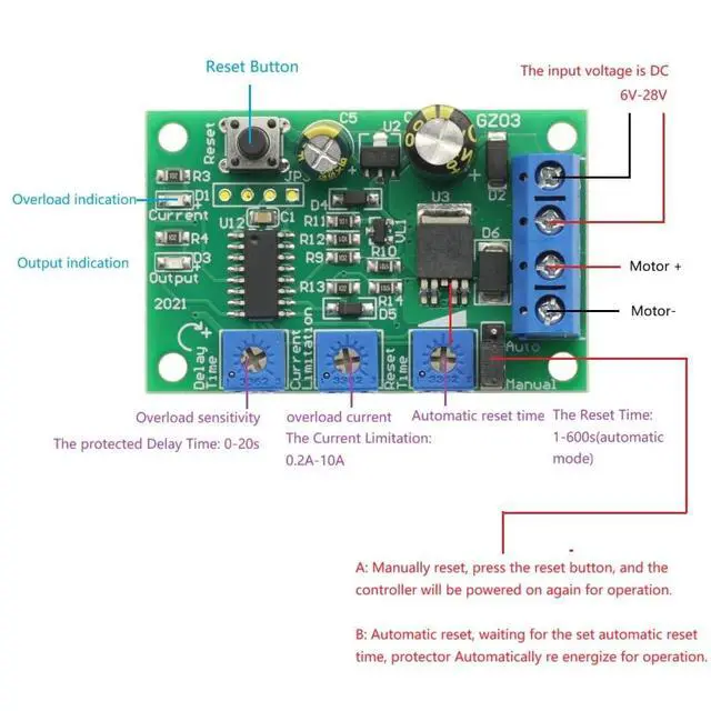 Alt view image 2 of 7 - 10A 6-24V DC Motor Overcurrent Protection Board Blocked Rotor Overload Protector Module Adjustable Current Limit Switch 12V 24V