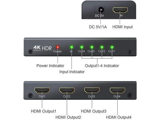 Alt view image 2 of 3 - 2.0 Splitter 4 Way 4K@60Hz YUV 4:4:4 HDR 1 In 4 Out HDMI Distribution Switcher For Xbox One PS4 Blu-ray Player HDTV