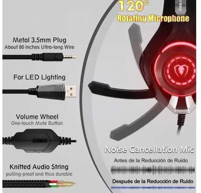 Alt view image 5 of 7 - Headset for PS4 Xbox One, Pro Gaming Headphone with Anti-Noise Mic, Surround Sound, Memory Foam Earmuff, Led Light for PC Mac Laptop