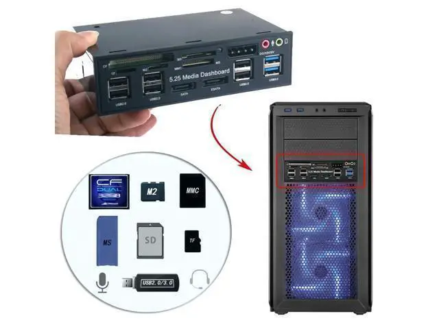 Alt view image 3 of 3 - 5.25 Inch PC Media Dashboard Front Panel Audio With SATA eSATA 2 x USB 3.0 And 6 x USB 2.0 Hub SD TF MMC M2 CF MS Card Reader
