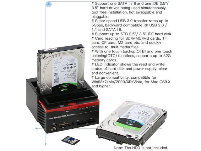 Alt view image 2 of 6 - Docking Station Hard Drive Enclosure 2.5"/3.5" USB 3.0 to 2 SATA Ports 1 IDE Port External HDD Hard Drive Card Reader USB3.0 Hub with OTB/OTC Offline