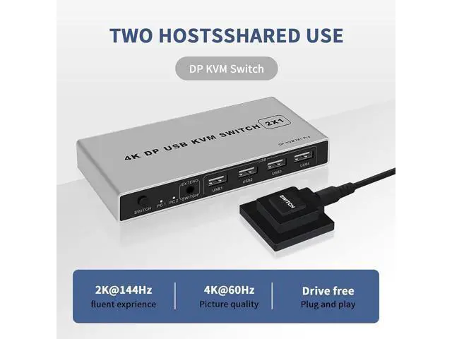 Alt view image 5 of 7 - 2 Port Displayport Kvm Switch 4K@60Hz, Dual-Port Displayport Dp 1.2 Kvm Switcher 2X1 4Kx2K@60Hz 2K(2560X1440)@144Hz Supports Usb Dp 2 In 1 Out