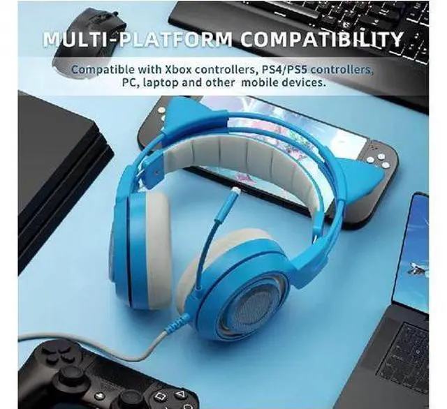 Main image of G951s Blue Stereo Gaming Headset with Mic for PS4,Xbox,PC,Mobile Phone,3.5mm Noise Reduction Cat Ear Headphones Lightweight Over Ear Headphones