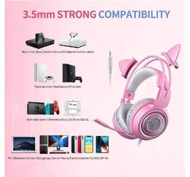Main image of G951s Pink Stereo Gaming Headset with Mic for PS4,Xbox,PC,Mobile Phone,3.5mm Noise Reduction Cat Ear Headphones Lightweight Over Ear Headphones