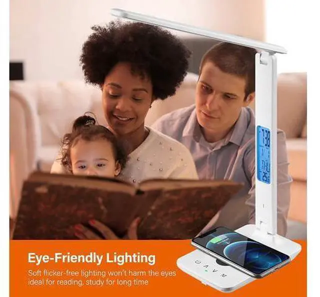 Main image of Corn Desk Lamp, LED Desk Lamp with Wireless Charger, USB Charging Port, Table Lamp with Clock, Alarm, Date, Temperature, Office Lamp, Desk Lamps for Home Office, White