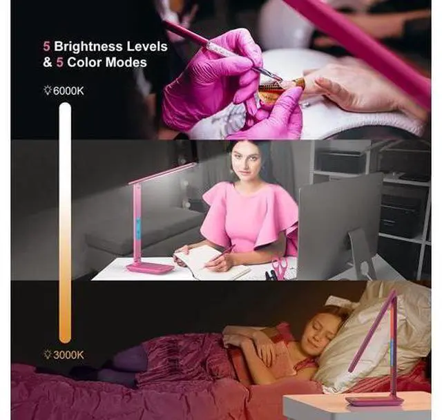 Main image of Corn Desk Lamp, LED Desk Lamp with Wireless Charger, USB Charging Port, Table Lamp with Clock, Alarm, Date, Temperature, Office Lamp, Desk Lamps for Home Office,Pink