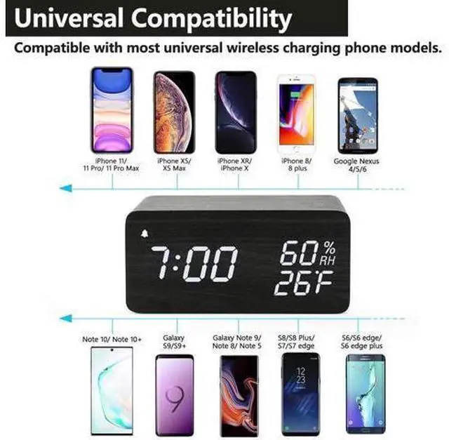 Main image of Wooden Digital Alarm Clock with Wireless Charging, 3 Alarms LED Display, Sound Control and Snooze Dual for Bedroom, Bedside, Office (Black)