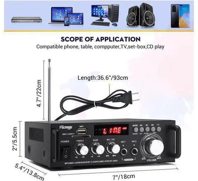 Main image of Corn Electronics 298A Max 300Wx2 Wireless Bluetooth 5.0 Stereo Audio Amplifier, RMS 40Wx2 Power Amp 2 Channel Stereo Receiver for Home Theater Speakers, Bass