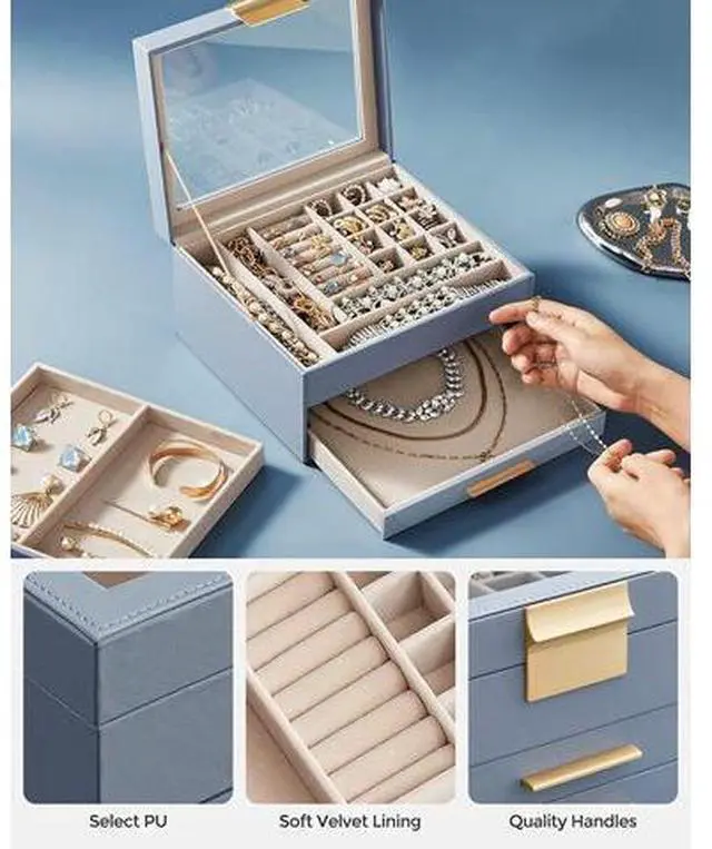 Main image of Jewelry Box with Glass Lid, 3-Layer Jewelry Organizer, 2 Drawers, Jewelry Storage, Lots of Storage Space, Modern, Gift Idea, 8 x 9.1 x 5.3 Inches, Cloud White and Gold Color UJBC239WT Blue