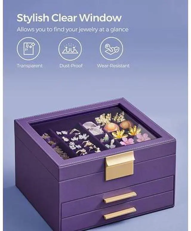Main image of Jewelry Box with Glass Lid, 3-Layer Jewelry Organizer, 2 Drawers, Jewelry Storage, Lots of Storage Space, Modern, Gift Idea, 8 x 9.1 x 5.3 Inches, Cloud White and Gold Color UJBC239WT Purple